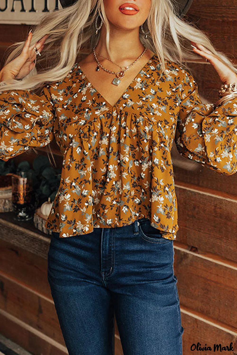 Deanwangkt - Brown Floral Print V-Neck Babydoll Blouse - Deanwangkt