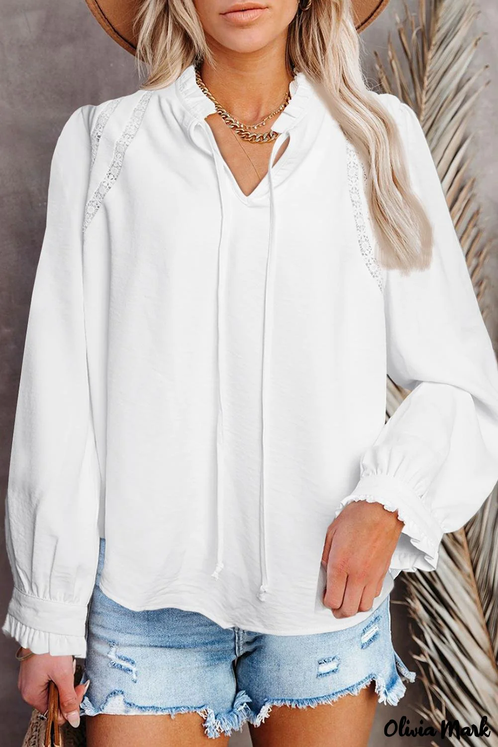 Deanwangkt - White Lace Patchwork Ruffle Long Sleeve Blouse - Deanwangkt