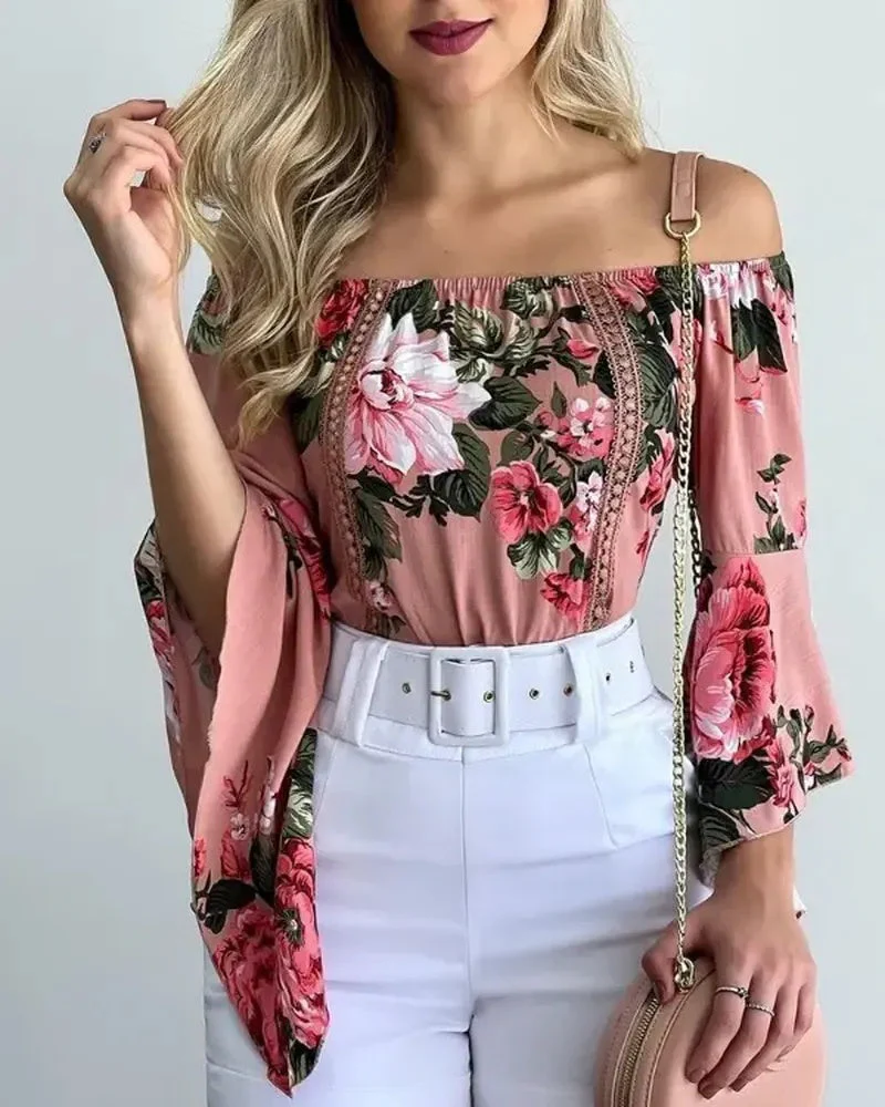 Deanwangkt - Off-the-Shoulder Floral Print Bell-Sleeve Top - Deanwangkt