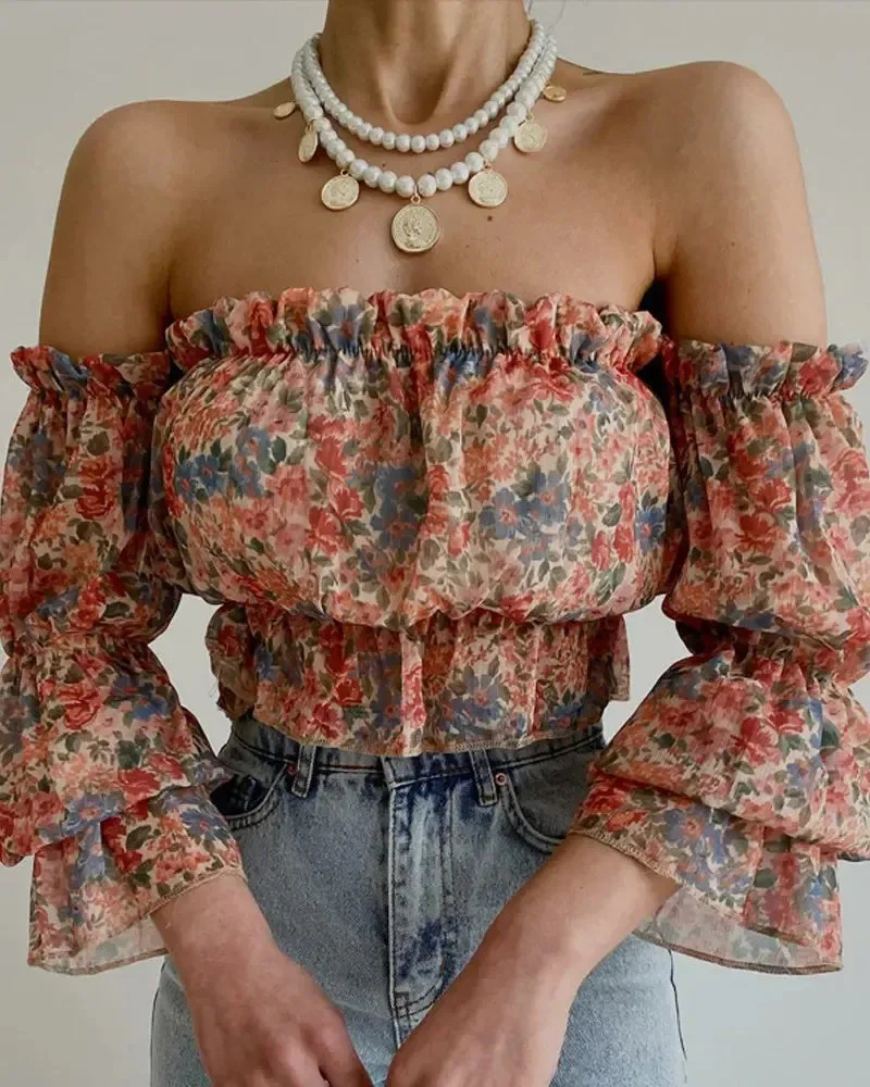 Deanwangkt - Bell Sleeve Chiffon Off The Shoulder Floral Print Top - Deanwangkt
