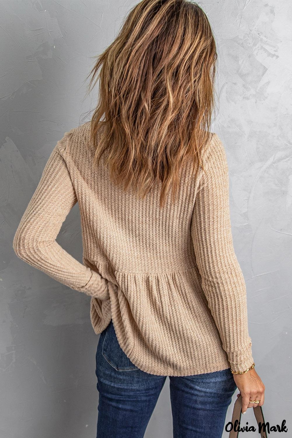 Deanwangkt - Waffle Knit Long Sleeve Buttoned V-Neck Top - Deanwangkt