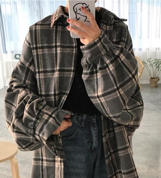 Christmas Gift Deanwangkt Harajuku Autumn Plaid Thin Section Wool Cardigan Korean Puff Sleeve Slim Warm Shirt Jacket Retro Casual Women Button Top - Deanwangkt