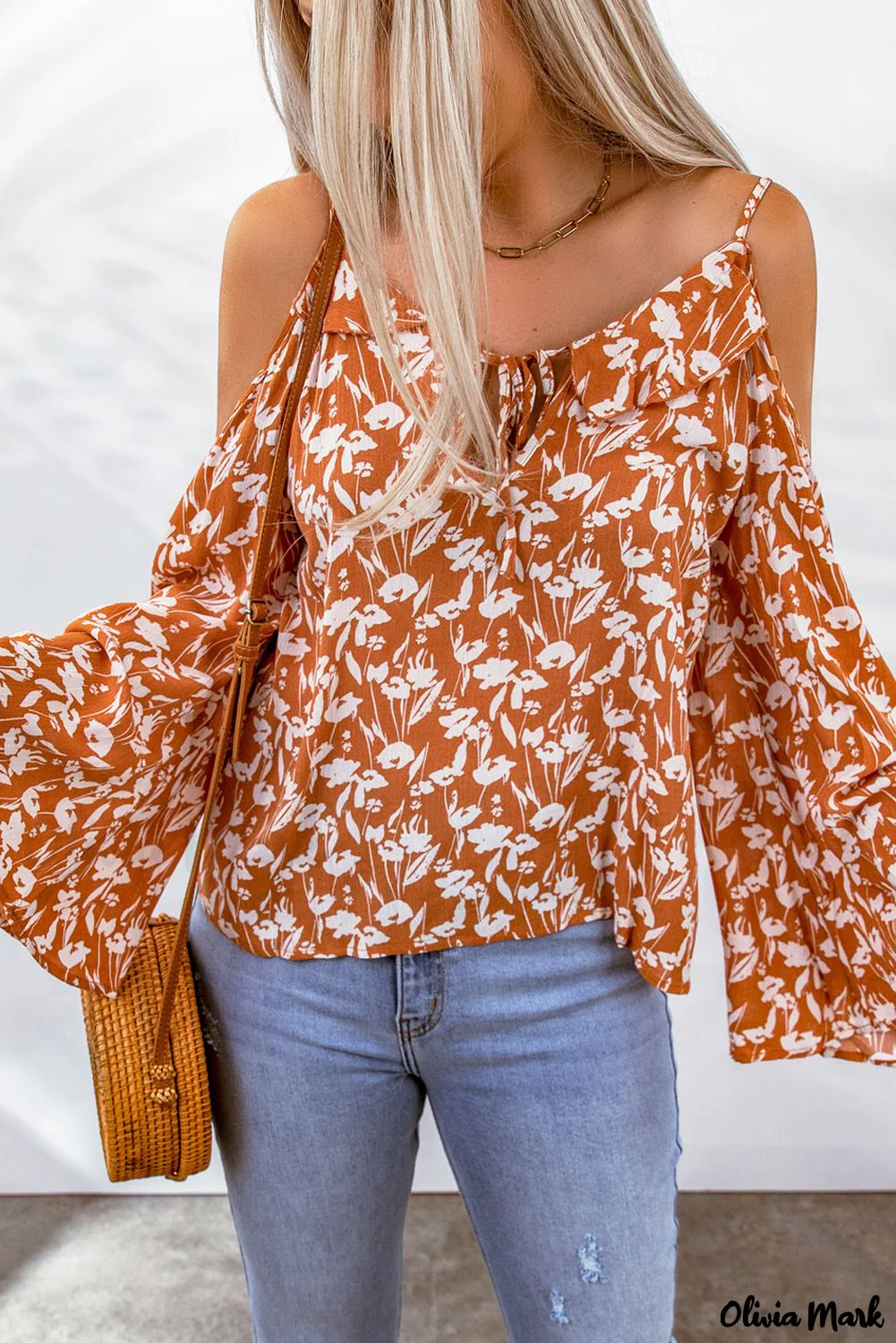 Deanwangkt - Orange Floral Tie Neck Off Shoulder Flare Sleeve Blouse - Deanwangkt