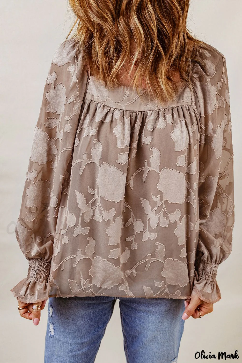Deanwangkt - Khaki Floral Textured Square Neck Blouse - Deanwangkt