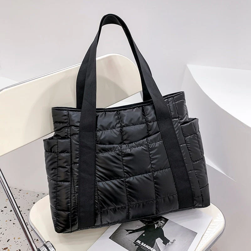 Back To College Deanwangkt Hit Winter Brand Textured Padded Design Duffel Women Bag Nylon Big Totes Plaid Shoulder Bags Designer Shopper Handbags - Deanwangkt