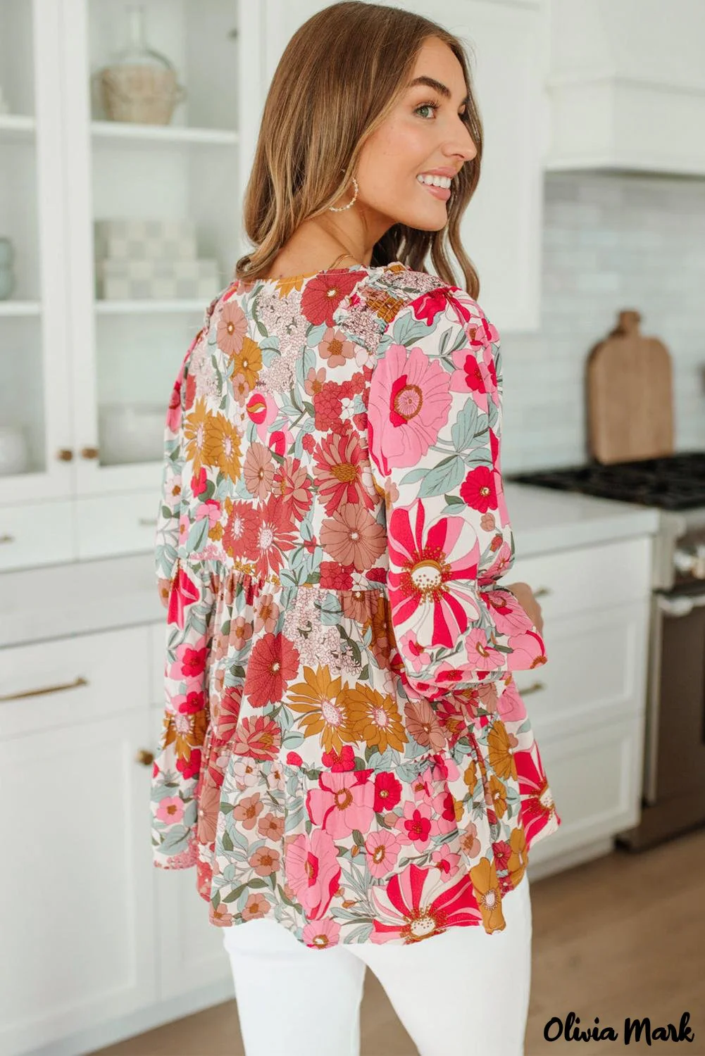 Deanwangkt - Floral Print Ruched Babydoll V-Neck Blouse - Deanwangkt