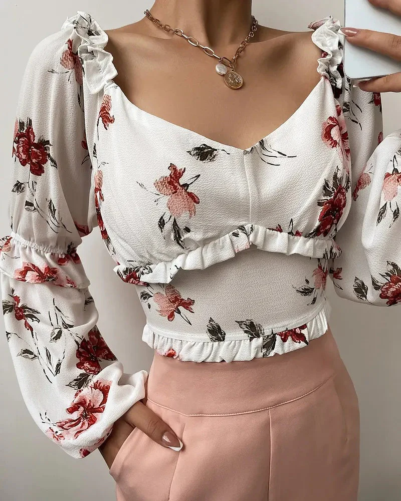 Deanwangkt - Floral Print Ruffle Hem Long Sleeve Crop Top - Deanwangkt