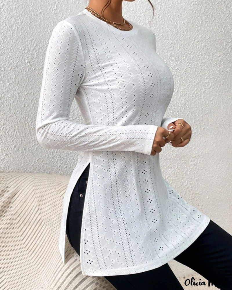 Deanwangkt - Womens Long Sleeve Eyelet Embroidery Slit Blouse - Deanwangkt