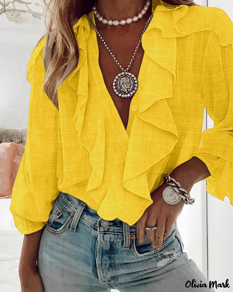 Deanwangkt - Textured Long Sleeve Blouse with Ruffled Hem - Deanwangkt