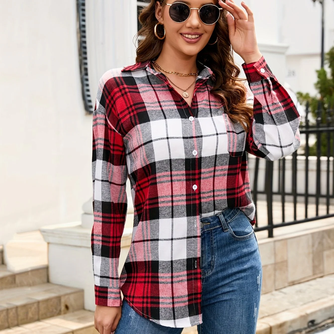 Plaid Pattern Button Down Shirt, Casual Long Sleeve Lapel Shirt, Women's Clothing - Deanwangkt