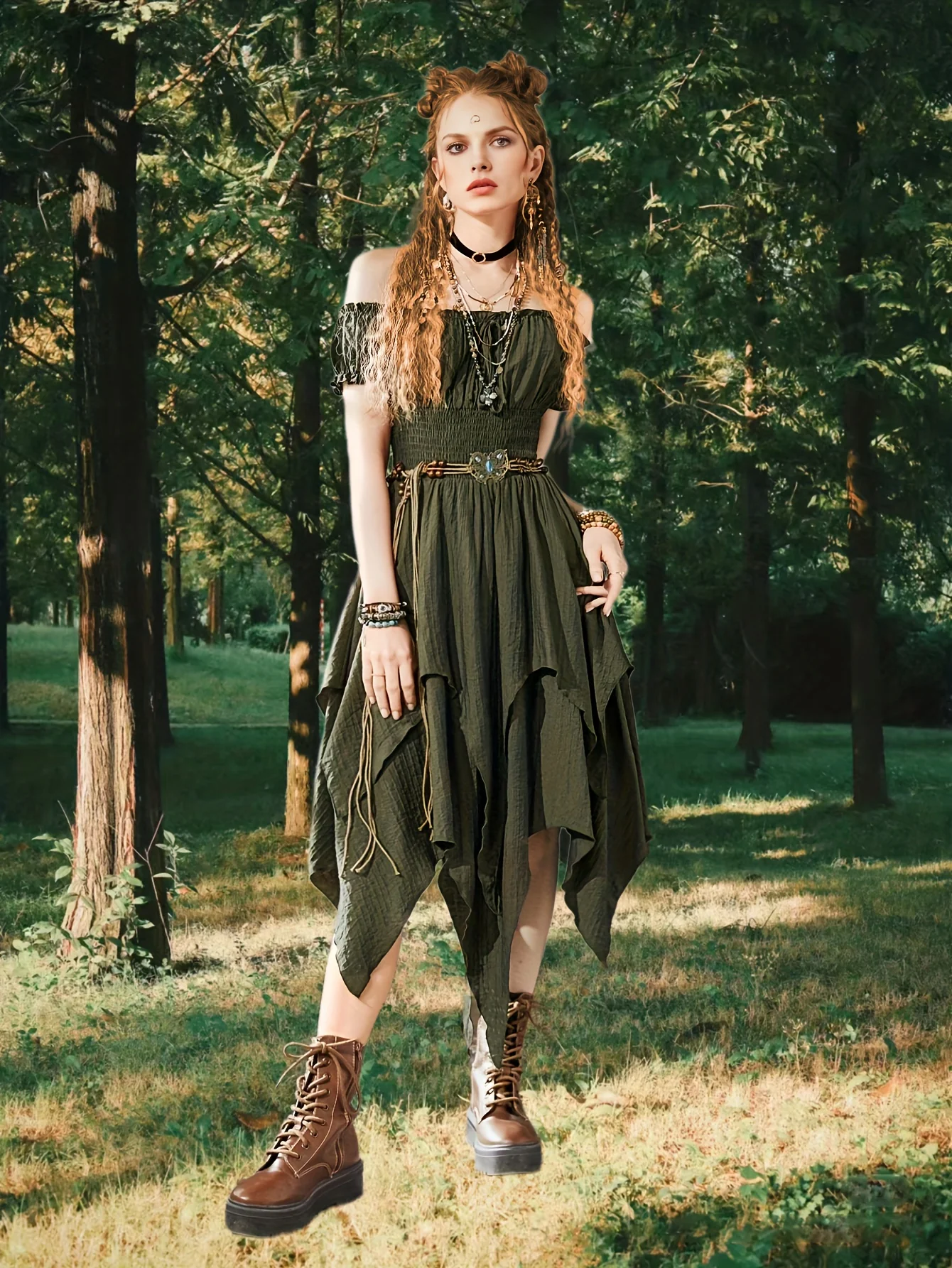 deanwangkt-1  Off Shoulder Ruffle Layered Hem Dress, Grunge Shirred Waist Dress For Spring & Summer, Women's Clothing - Deanwangkt