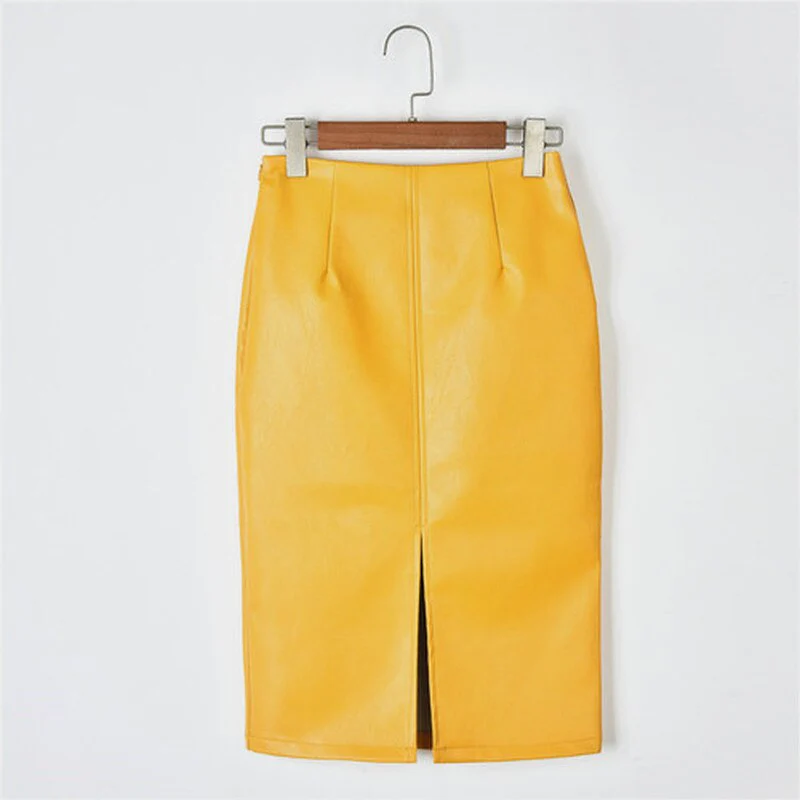 Christmas Gift Deanwangkt Summer Korean PU Leather Skirts Women High Waist Straight Midi Skirts Midi Skirt Women Plus Size Solid Split Skirts 10091 - Deanwangkt