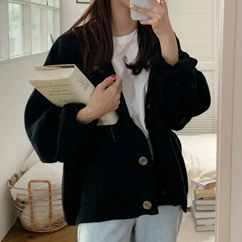Christmas Gift Deanwangkt Winter Elegant Solid Women's Sweater Autumn V-Neck Buttons Cardigan Oversized Fashion Korean Knitwears Sweater Jacket 17618 - Deanwangkt