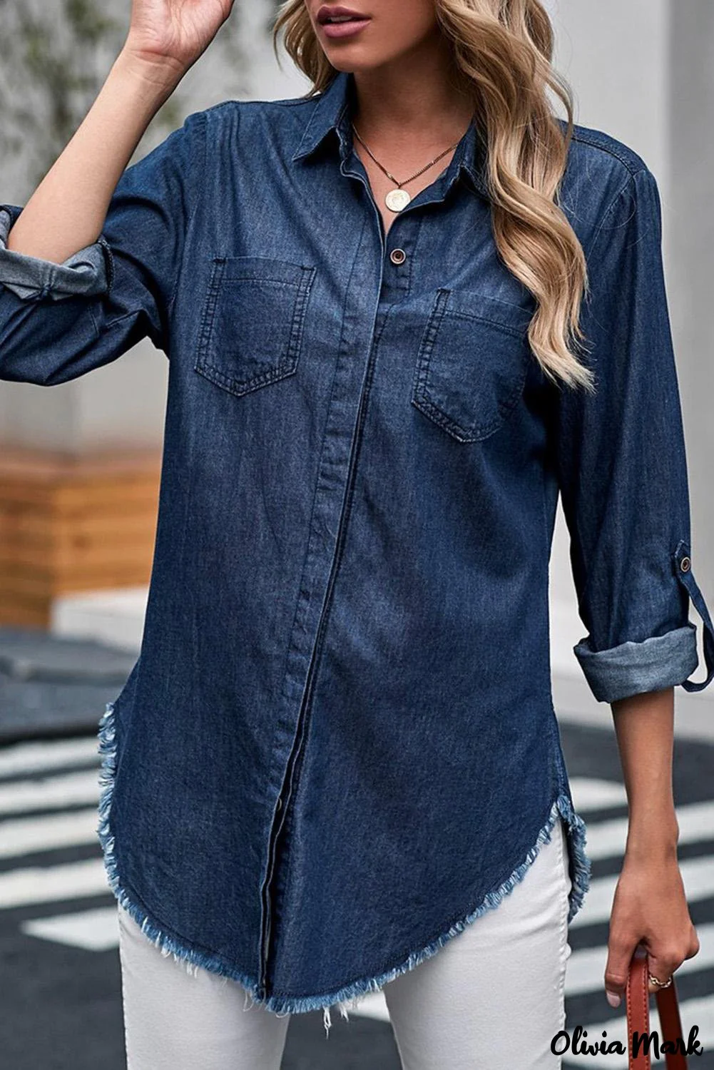 Deanwangkt - Rolled Long Sleeve Frayed Hem Denim Shirt - Deanwangkt