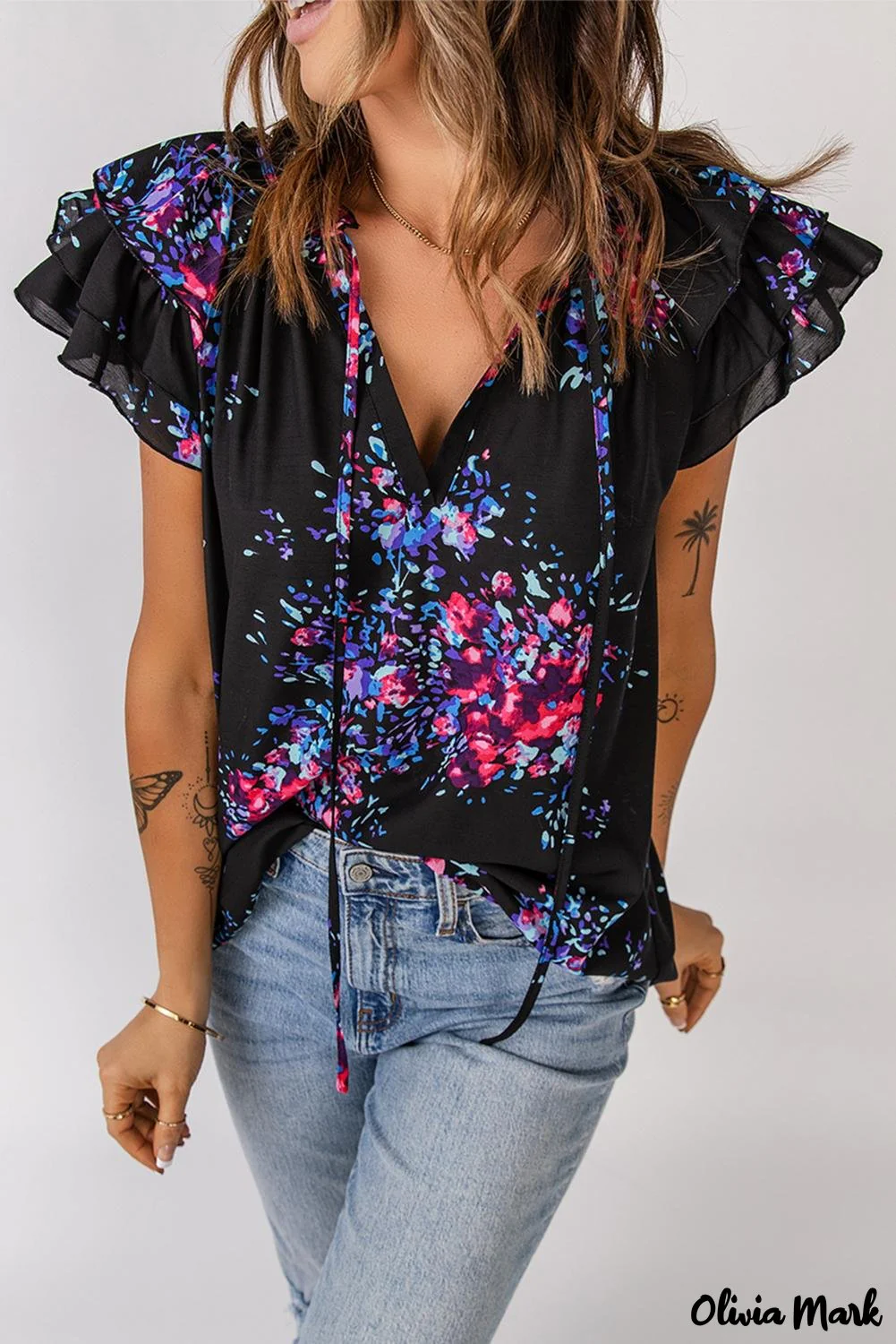 Deanwangkt - Black Tie-Dye Print Split V-Neck Butterfly Sleeve Blouse - Deanwangkt