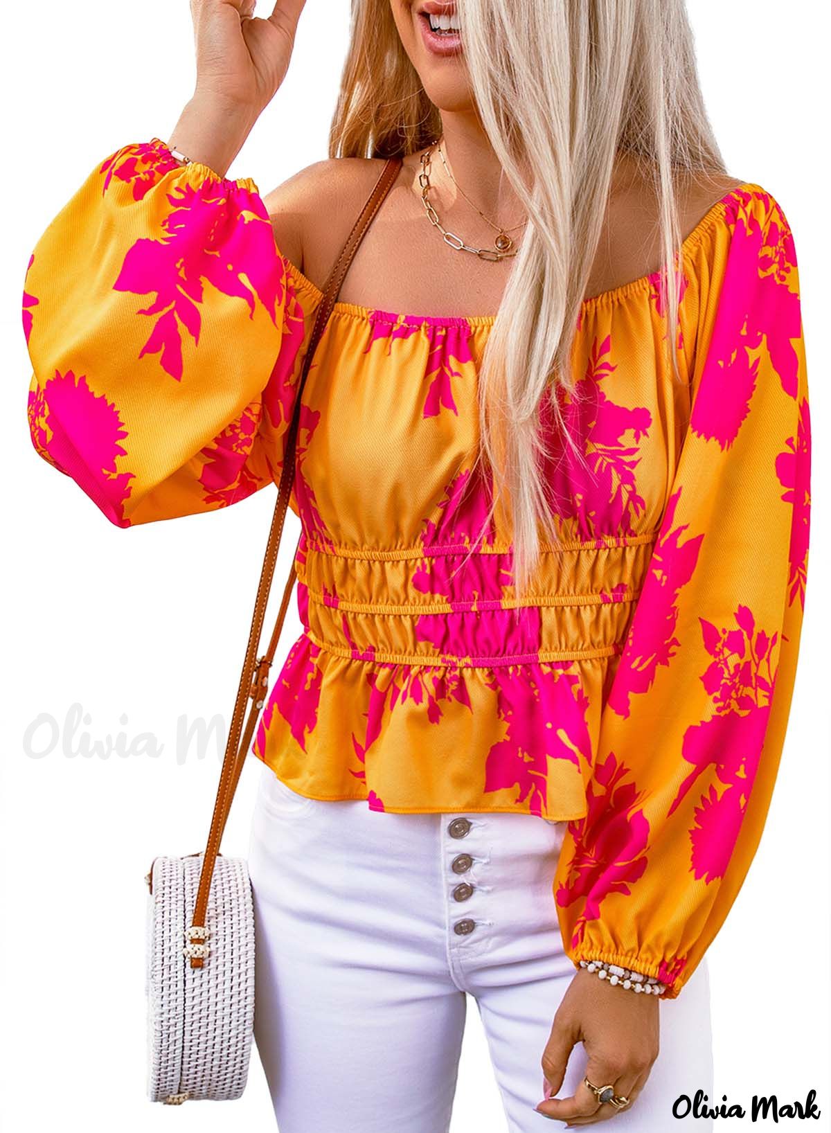 Deanwangkt - Yellow Floral Print Off Shoulder Puff Sleeve Blouse - Deanwangkt