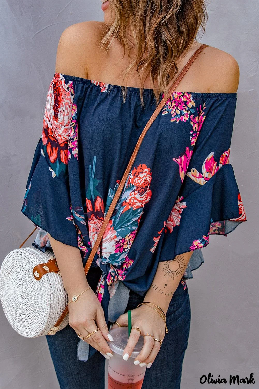 Deanwangkt - Blue Chiffon Off Shoulder Tie Front Blouse - Deanwangkt