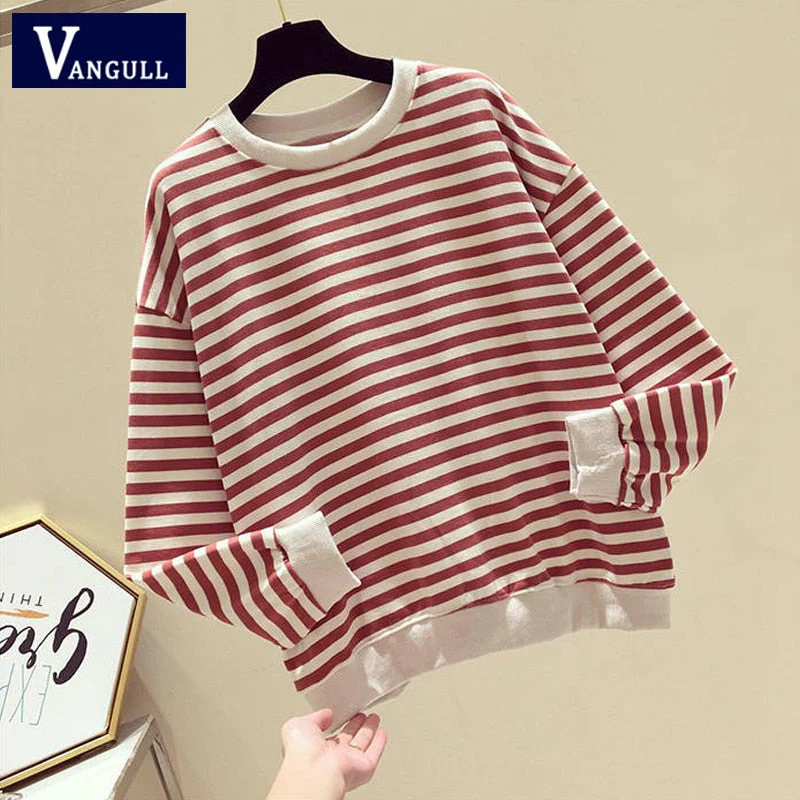 Christmas Gift Autumn Striped Knitted Hoodies Sweatshirts Women Casual Gentle Long Sleeve Loose Pullovers Patchwork O-Neck Collar Tops - Deanwangkt