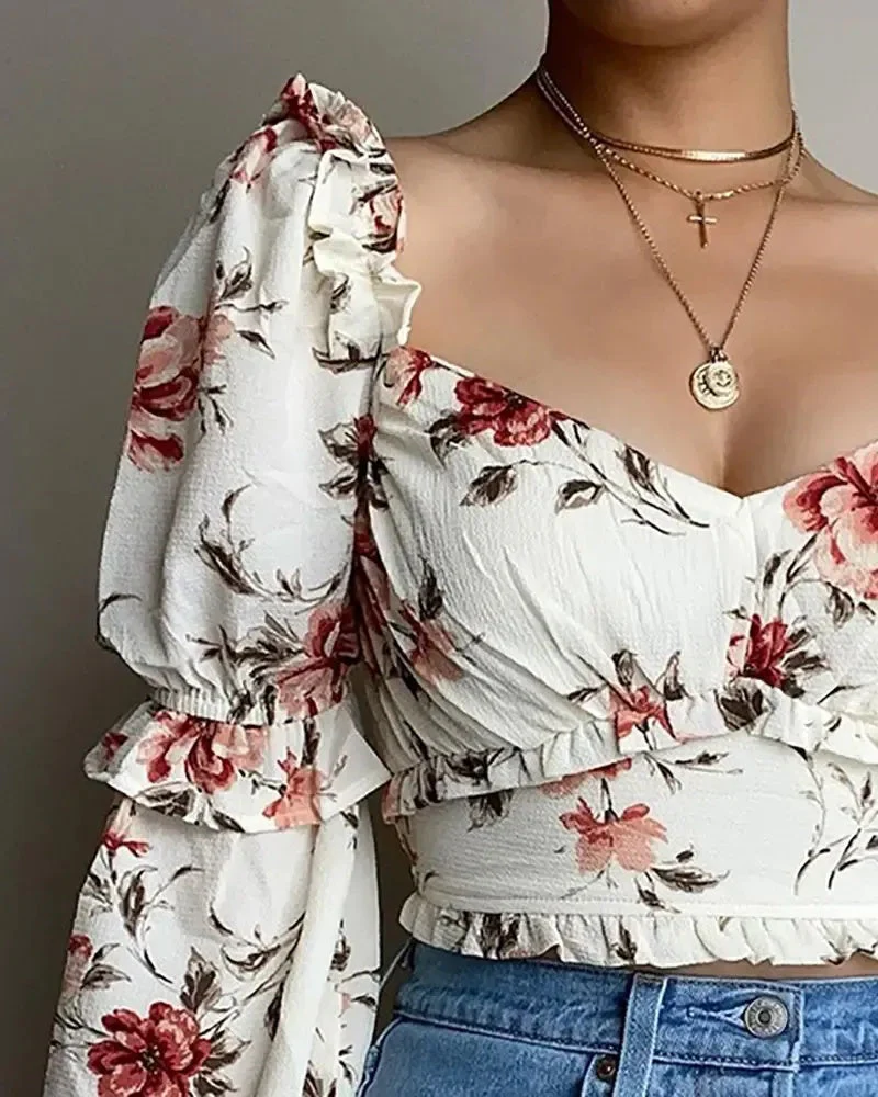 Deanwangkt - Floral Print Ruffle Hem Long Sleeve Crop Top - Deanwangkt