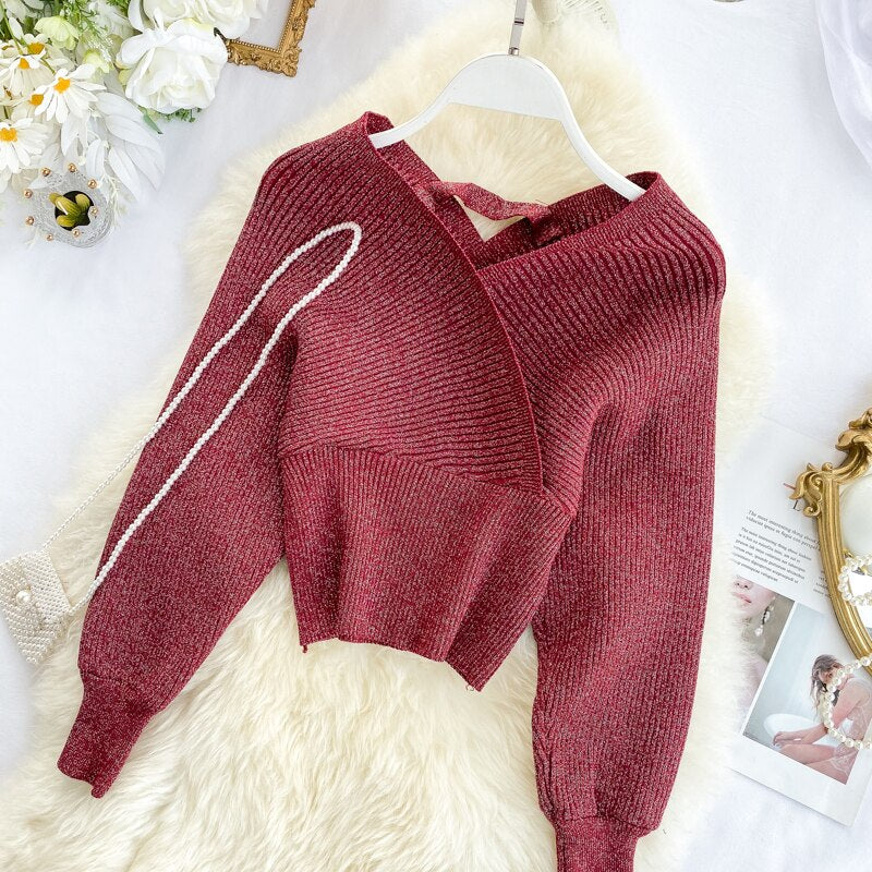 Christmas Gift 220 New Sexy V-neck Fashion Bright Silk Sweater Women's Autumn Bat Sleeves Short Waist Bottoming Shirt Winter Clothes Women - Deanwangkt