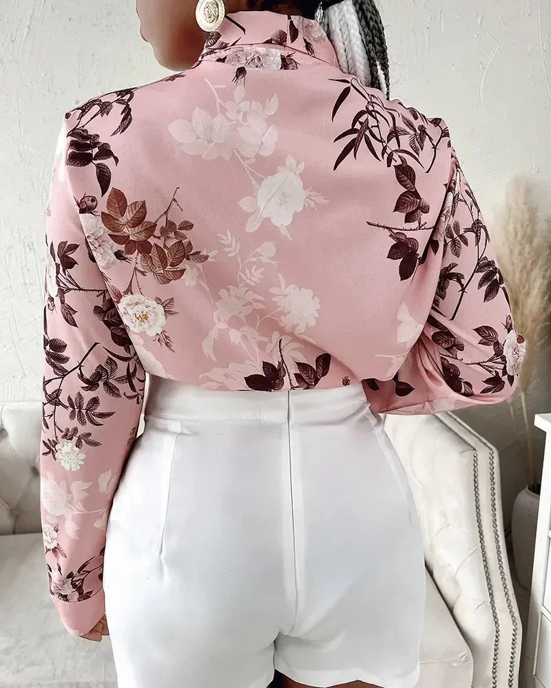 Deanwangkt - Floral Print Tie Neck Long Sleeve Top - Deanwangkt