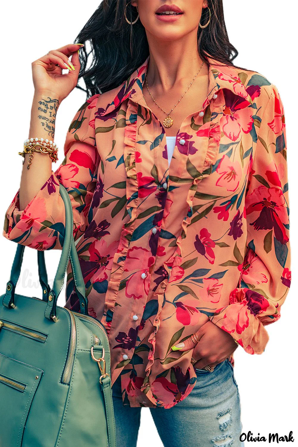 Deanwangkt - Red Floral Ruffled Long Sleeve Shirt - Deanwangkt
