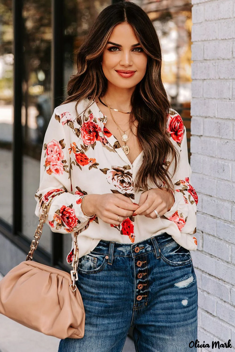 Deanwangkt - Beige Floral Print V-Neck Button Down Blouse - Deanwangkt