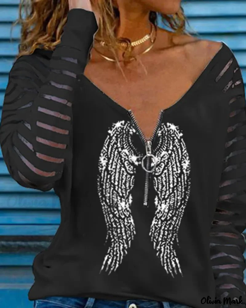 Deanwangkt - Feather Print Long Sleeve Zipper Blouse - Deanwangkt