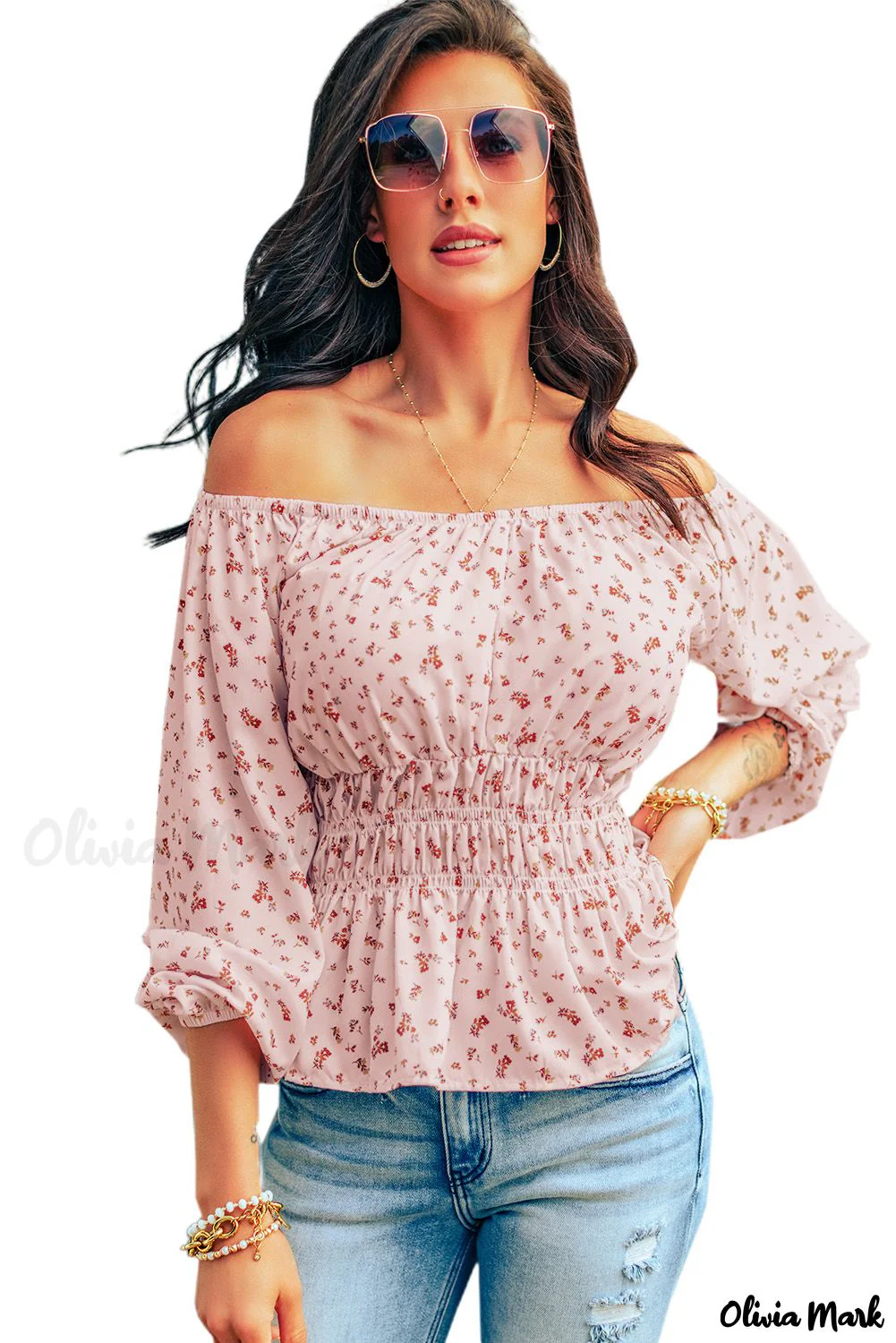 Deanwangkt - Pink blouse with peplum and smocked waist with flowers and bare shoulders - Deanwangkt