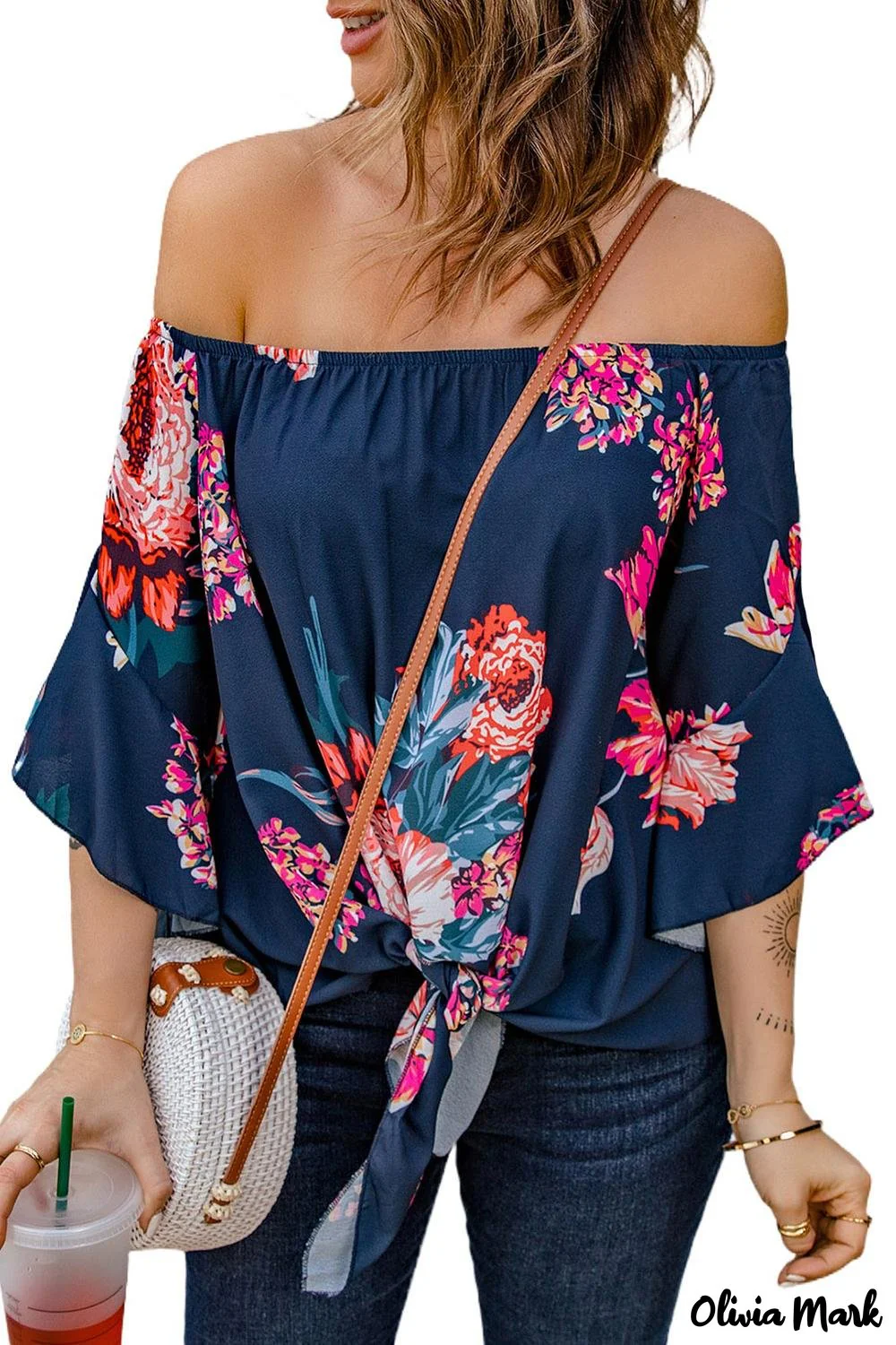 Deanwangkt - Blue Chiffon Off Shoulder Tie Front Blouse - Deanwangkt