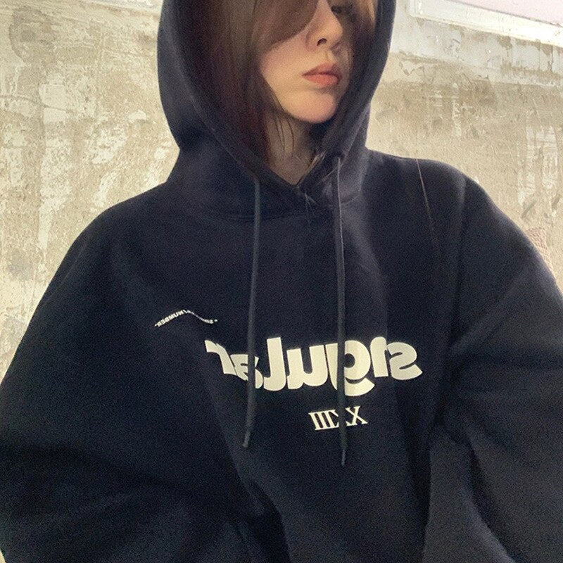 Black Friday Sales Grey Hoodie Women Plus Size Letter Print Sweatshirt Loose Street Lazy Style Casual Autumn And Winter Pullover - Deanwangkt