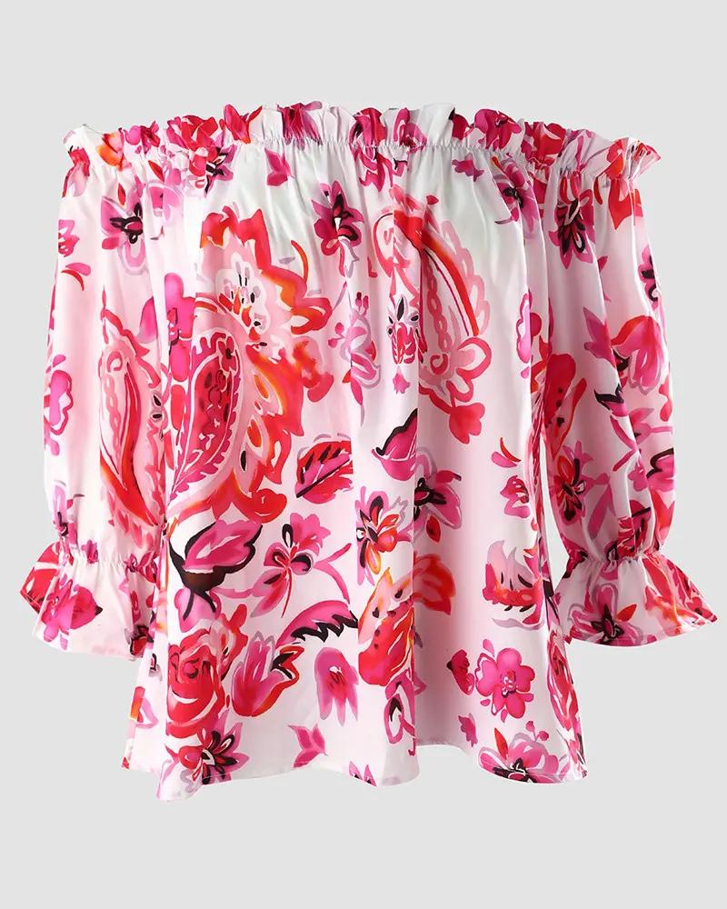 Deanwangkt - Floral Print Ruffle Hem Off Shoulder Top - Deanwangkt