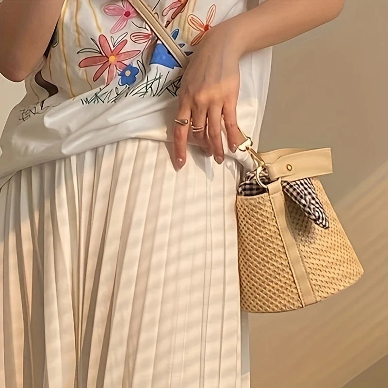 deanwangkt-1  Minimalist Straw Bucket Crossbody Bag, Summer Bohemian Shoulder Bag With Insert Plaid Pattern Twisted Pouch - Deanwangkt