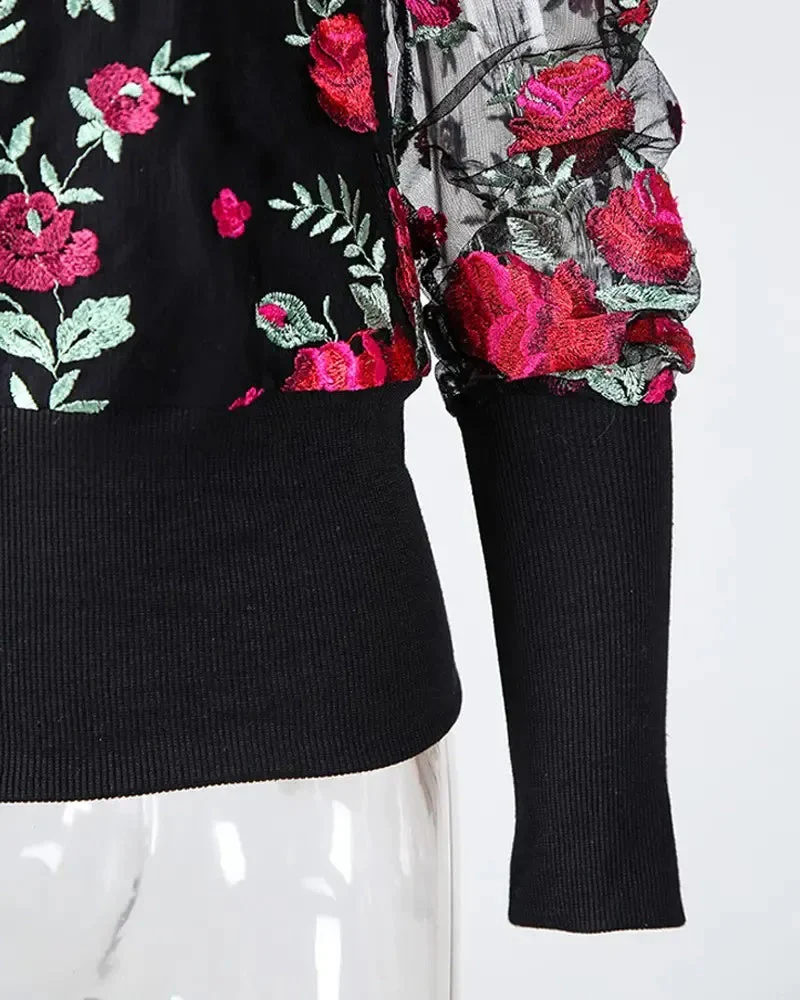 Deanwangkt - Floral Embroidered Sheer Tulle Puff Sleeve Top - Deanwangkt