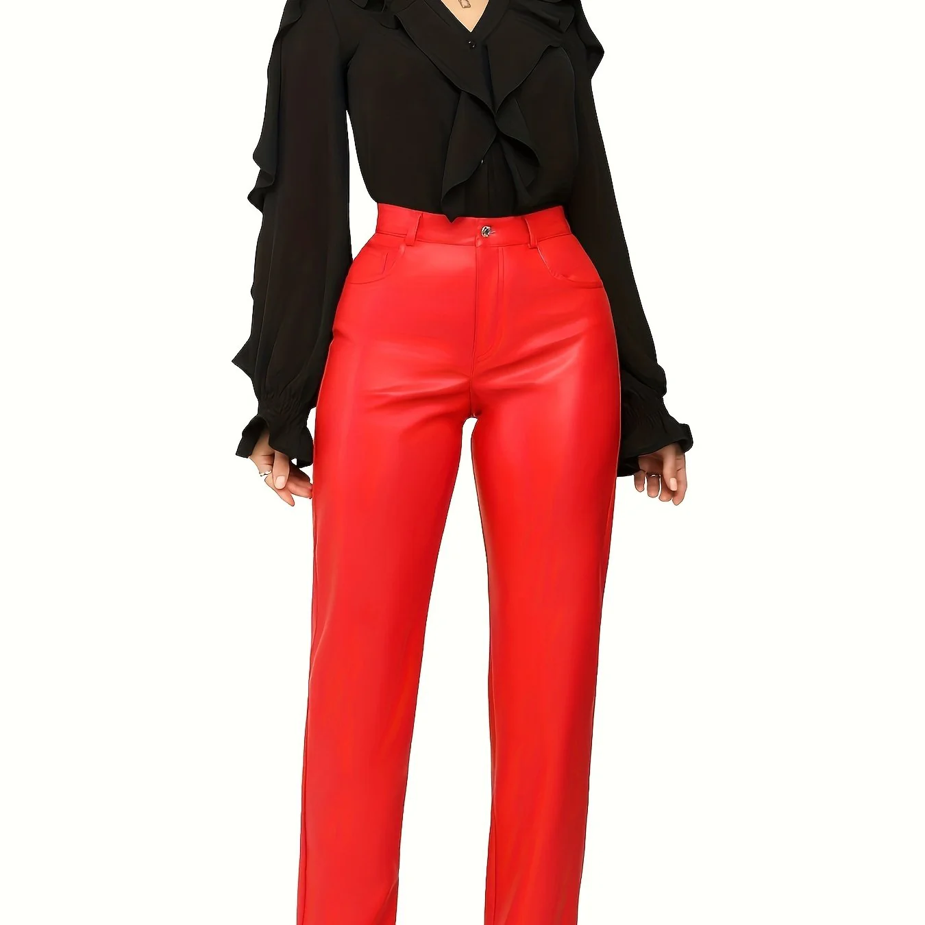 Solid Ruffle Trim Decor Blouse, Elegant Long Sleeve Blouse For Spring & Fall, Women's Clothing - Deanwangkt