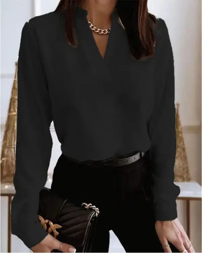 Deanwangkt - Casual Long Sleeve V-Neck Top - Deanwangkt