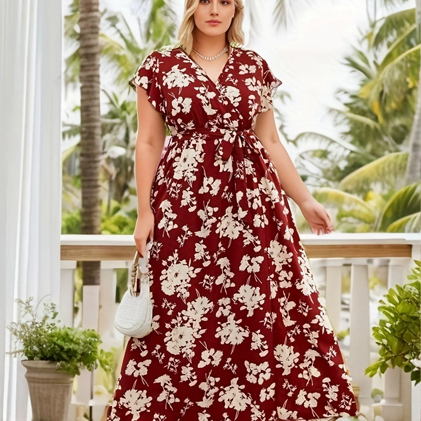 deanwangkt-1 Plus Size Boho Dress, Women's Plus Floral Print Cap Sleeve Surplice Neck Slight Stretch Maxi Dress With Belt - Deanwangkt