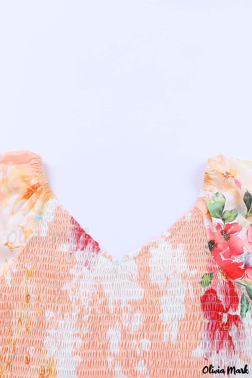 Deanwangkt - Nude Floral V-Neck Smocked Bishop Sleeve Top - Deanwangkt