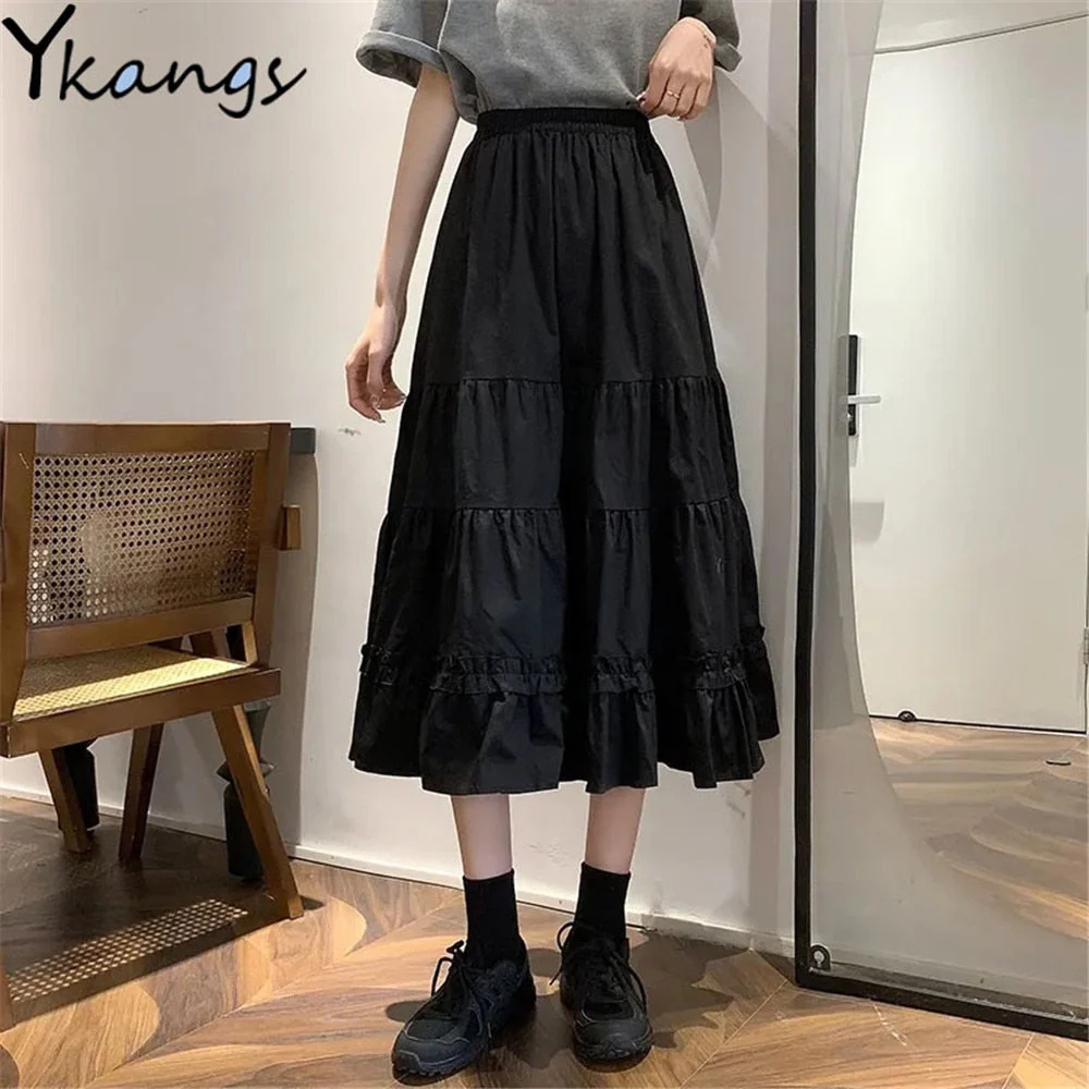 Black Goth Lolita Long Pleated Skirt Women Ruffles Vintage High Waist Harajuku Midi Skirt Summer Korean Patchwork Streetwear - Deanwangkt