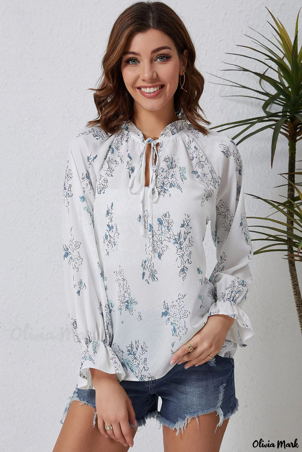 Deanwangkt - Floral Tie Neck Long Sleeve Crinkle Blouse - Deanwangkt