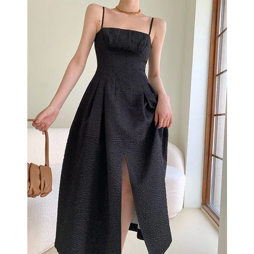 Christmas Gift Deanwangkt Summer Elegant Black Dress Women Sleeveless Slim Strap Dress Evening Party for Females One Piece Dress Korean Office Lady - Deanwangkt