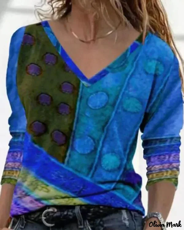 Deanwangkt - Abstract Print V-Neck Long Sleeve Color Block Top - Deanwangkt