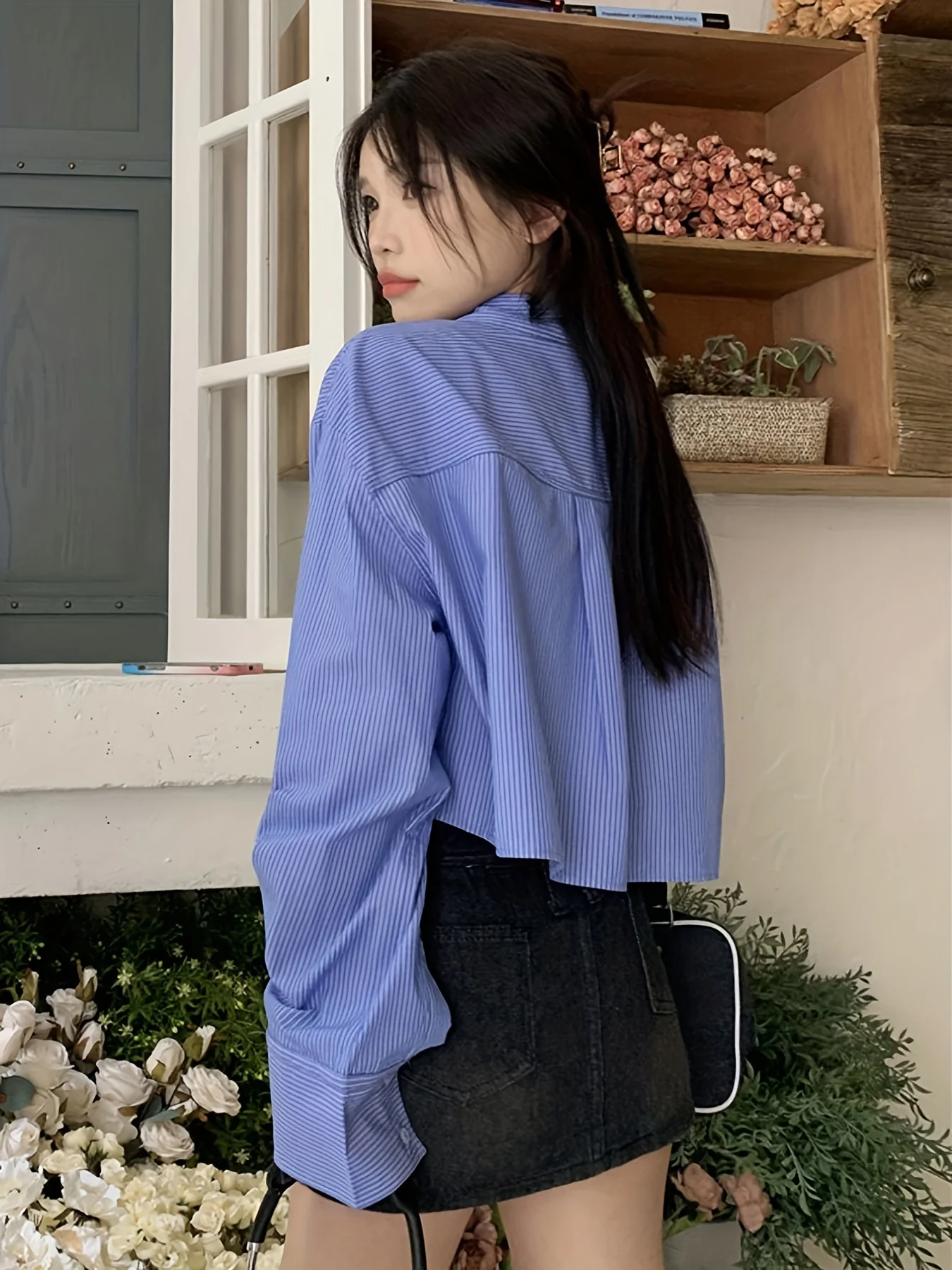 Striped Print Cropped Polo Shirt, Y2K Long Sleeve Pocket Shirt For Spring & Fall, Women's Clothing - Deanwangkt