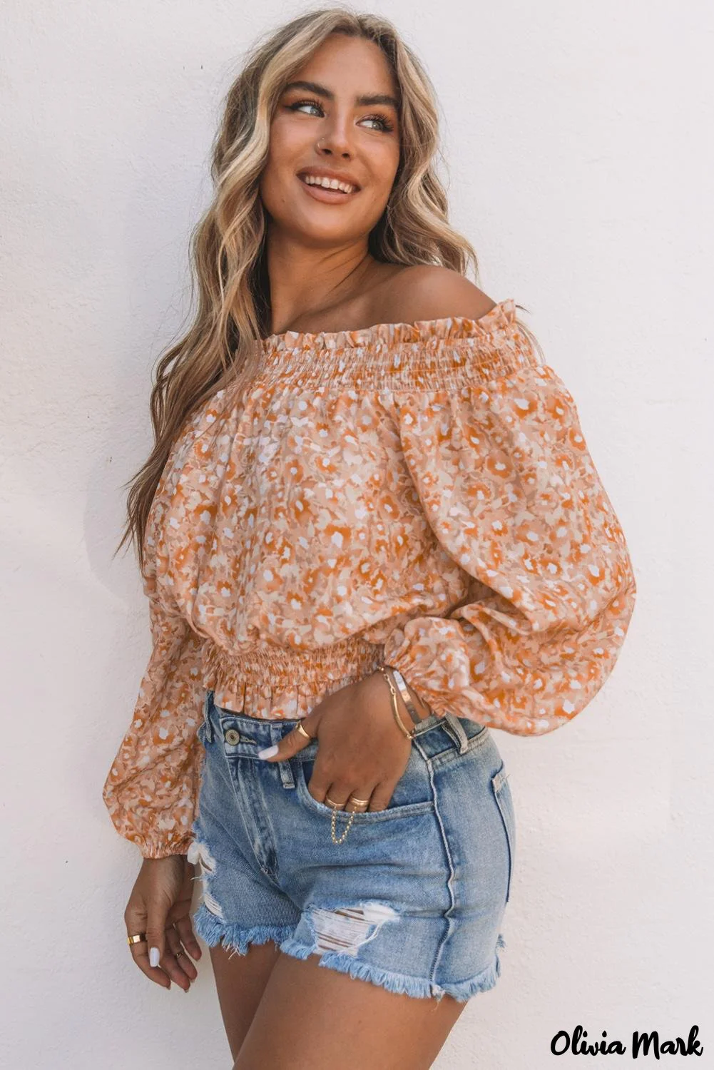 Deanwangkt - Orange Floral Ruched Ruffle Off Shoulder Top - Deanwangkt