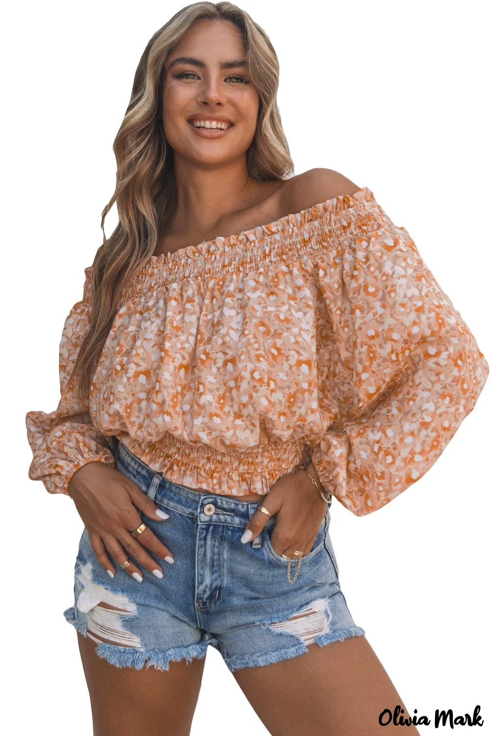 Deanwangkt - Orange Floral Ruched Ruffle Off Shoulder Top - Deanwangkt