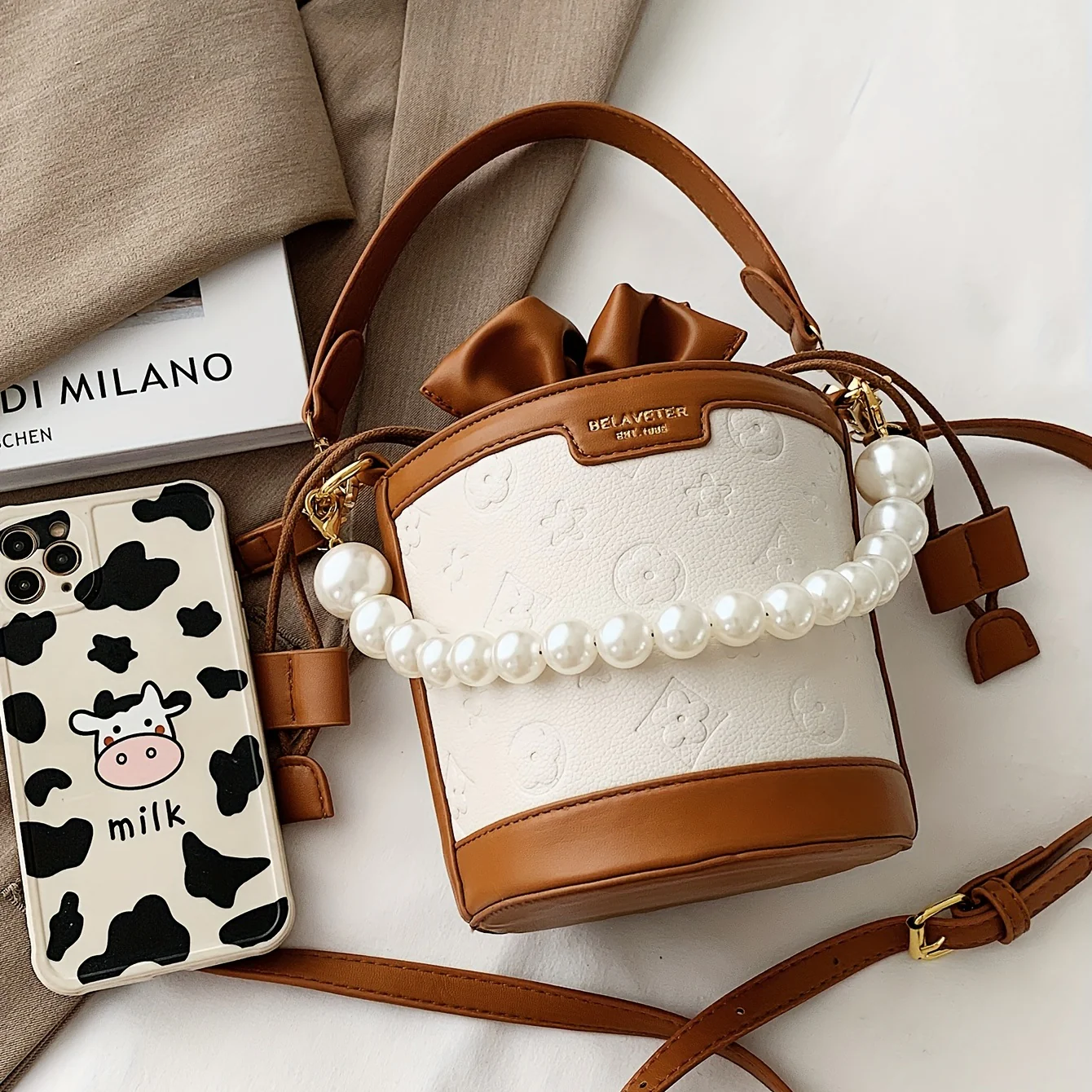 Women's Embossed Bucket Bag, Pearl Chain Crossbody Bag, Mini Top Handle Drawstring Purse (5.5*7.9) Inch - Deanwangkt