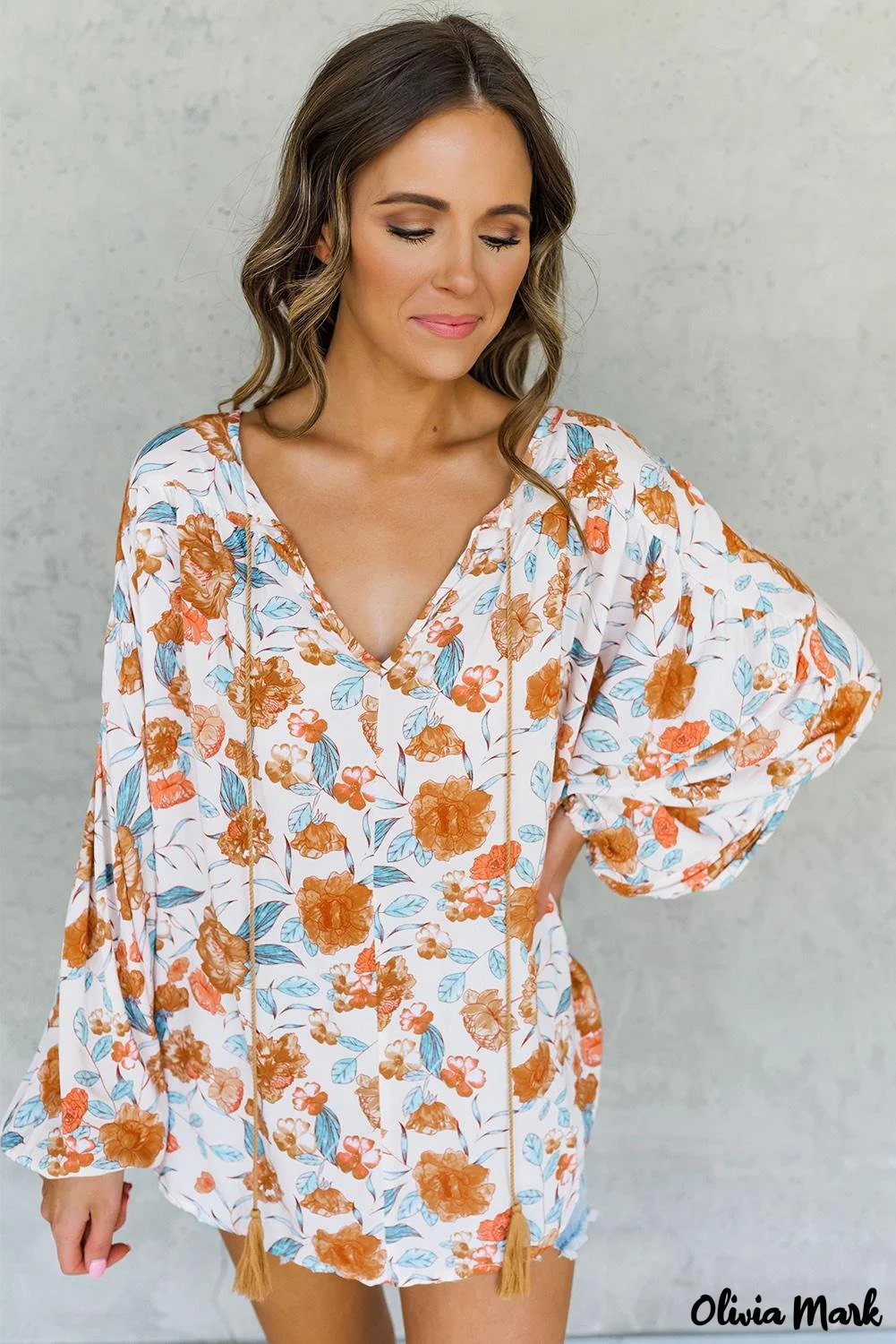 Deanwangkt - Orange Floral Print V-Neck Slit Dolman Blouse - Deanwangkt