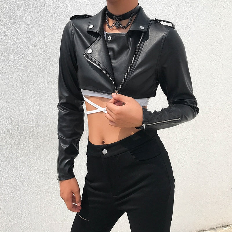 Black PU Leather Crop Jacket Street Wear Punk Style Womens Coats Long Sleeve Turn-Down Zipper Short Jacket Deanwangkt Fashion - Deanwangkt