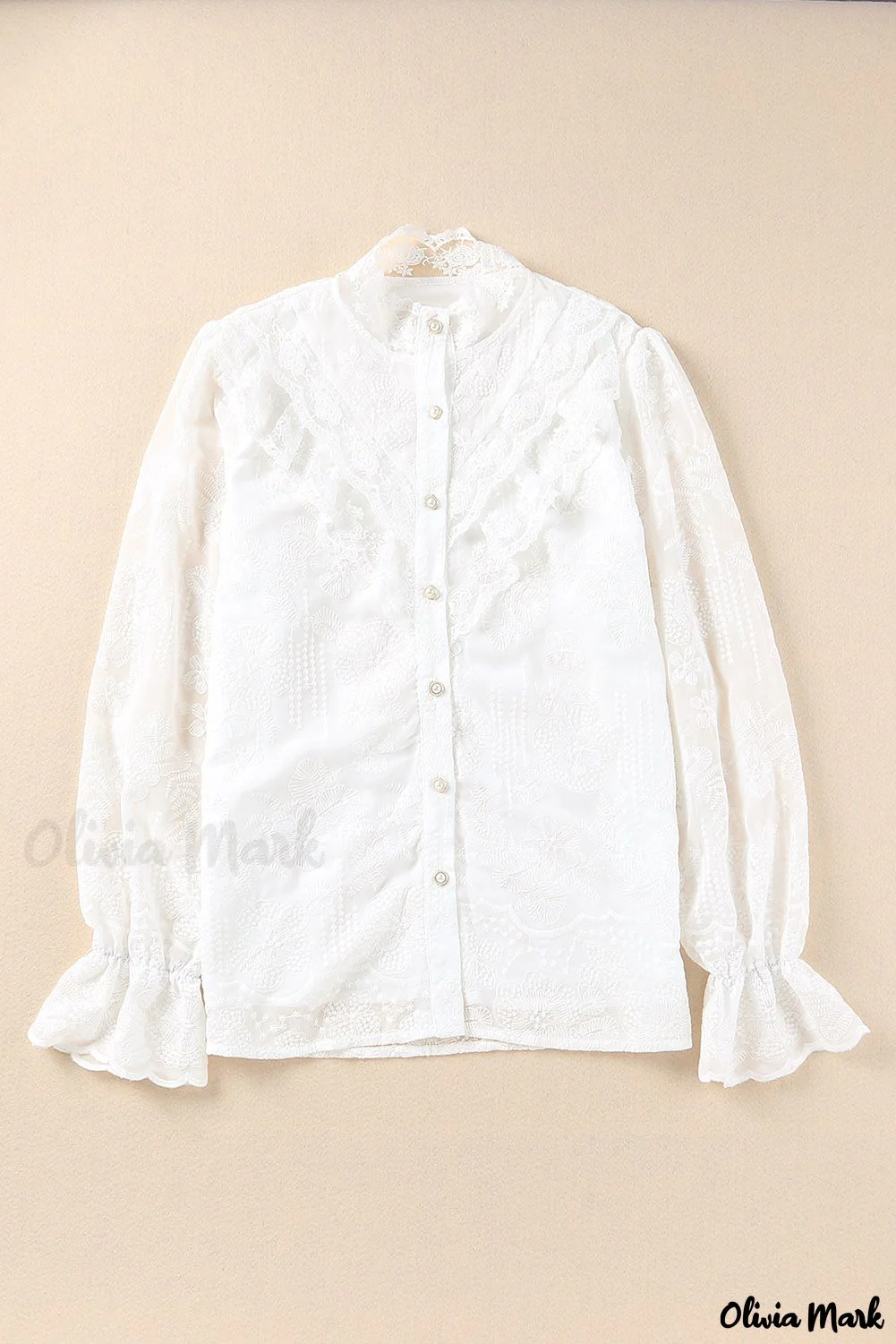 Deanwangkt - White Lace Embroidered Ruffled Button Down Long Sleeve Shirt - Deanwangkt
