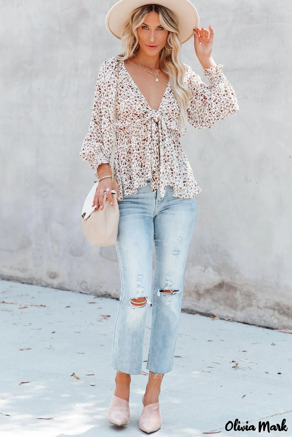 Deanwangkt - Brown Floral Ruffle Long Sleeve Blouse - Deanwangkt